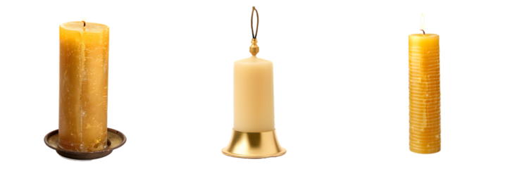 Intricately designed Diwali candles lit up in a variety of sizes for spiritual and festive lighting isolated on a white background, png