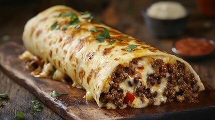 A spicy beef burrito stuffed with rice, beans, and melted cheese