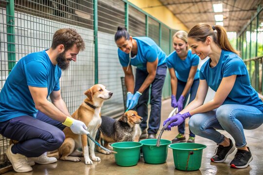 Volunteers caring for dogs at animal shelter: community service and compassionate care