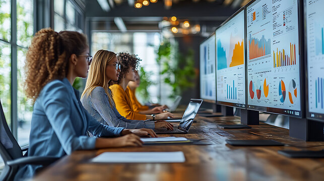 Businesspeople negotiating through video conferencing with charts on shared screens