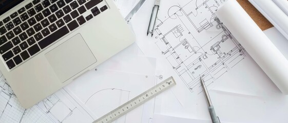 An overhead view of an architect’s desk cluttered with blueprints, a laptop, rulers, and pens, capturing a moment of creative chaos in the design process.