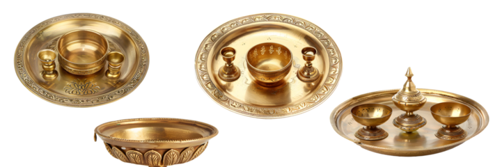 Luxurious bronze thali with oil lamps for Diwali puja and festive decorations isolated on a white background, png
