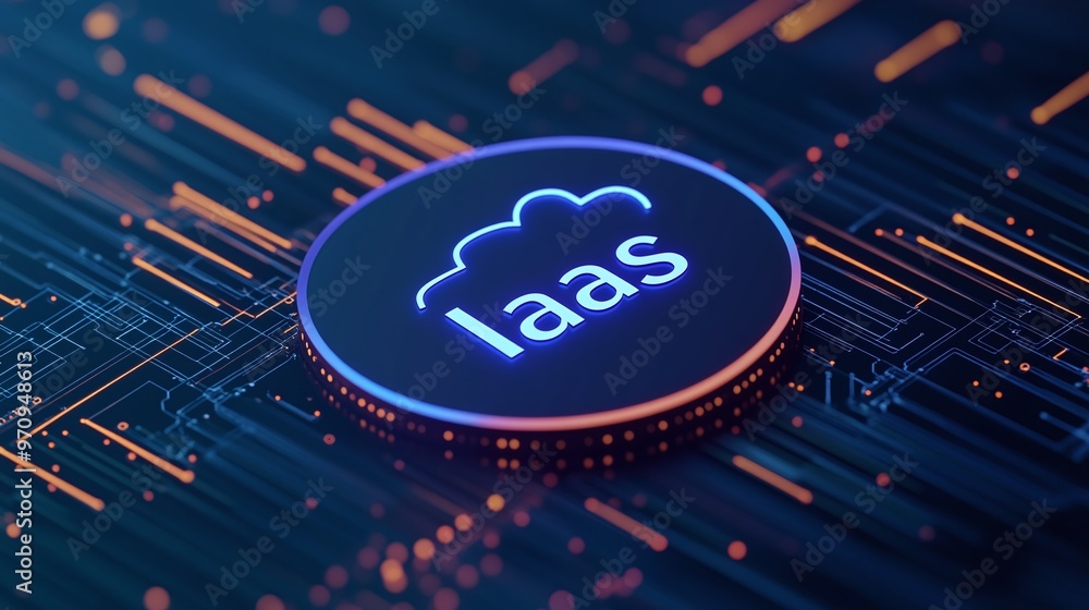 Poster digital illustration of iaas concept with cloud symbol and data circuits, representing modern cloud 