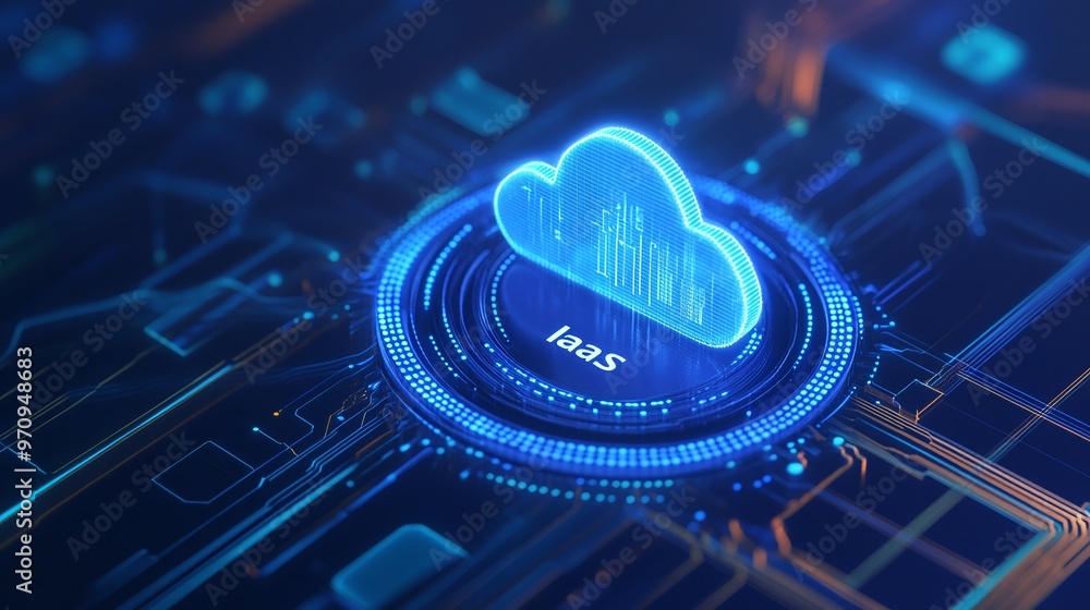 Poster digital representation of iaas cloud computing technology with glowing effects on a circuit backgrou