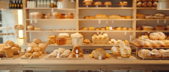 A cozy bakery interior showcasing a variety of delicious breads and pastries on wooden shelves, warmed by inviting lights, creating a rustic and homely atmosphere.