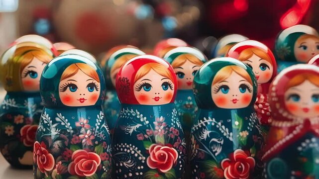 Traditional russian nesting dolls are lined up in a row with colorful christmas lights glowing in the background. The dolls are painted with intricate designs and are a popular souvenir for tourists