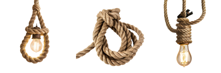Vintage-style rope-wrapped light bulb hanging from a thick knotted rope cord with an exposed filament for a rustic industrial look isolated on a white background png