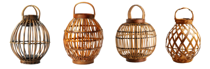 Set of four handcrafted bamboo lanterns with intricate woven designs and handles perfect for bohemian-style interior or outdoor decor isolated on a white background png