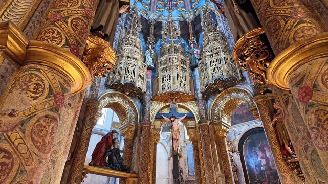 Interior view at the Charola of the Convent of Christ, magnificent Knights Templar architecture, round church altar, paintings and very peculiar ornaments, Tomar Portugal