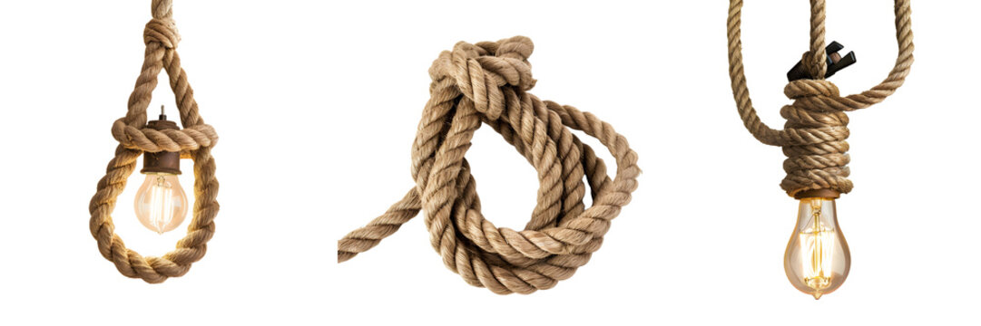 Vintage-style rope-wrapped light bulb hanging from a thick knotted rope cord with an exposed filament for a rustic industrial look isolated on a white background png
