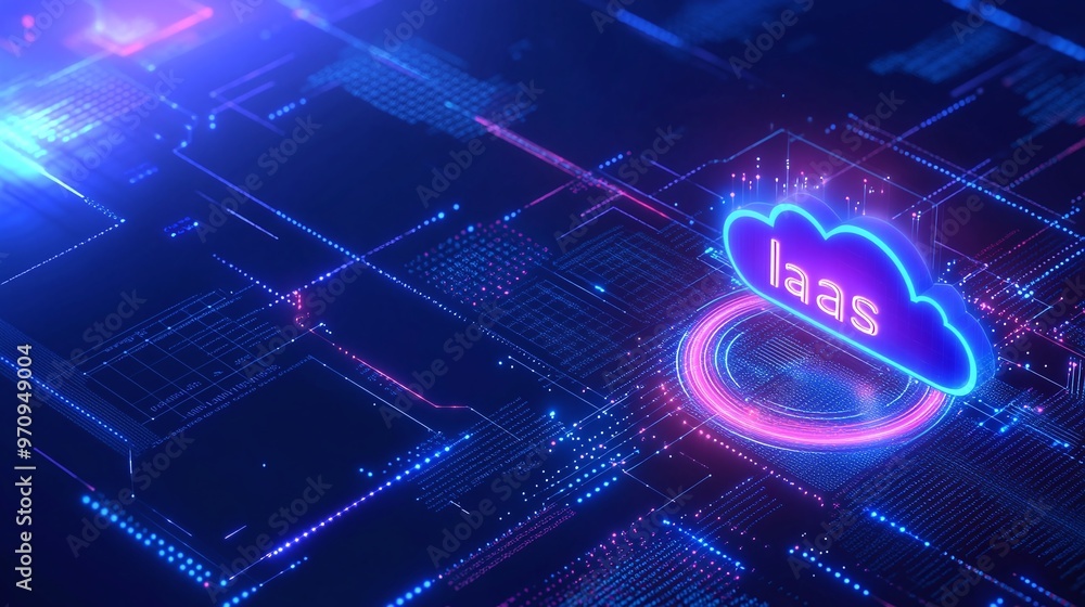 Poster futuristic cloud computing concept featuring infrastructure as a service (iaas) with neon technology