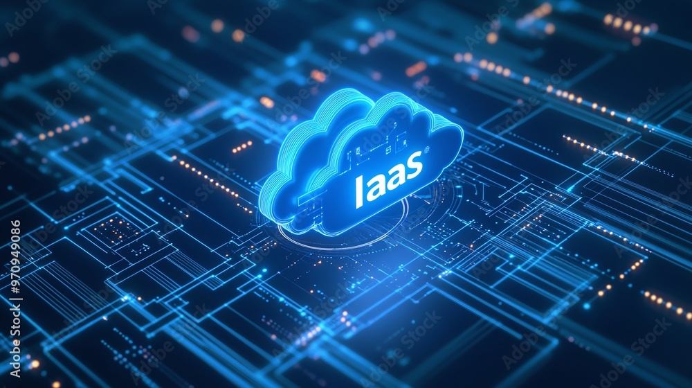 Poster futuristic cloud computing concept visualizing iaas infrastructure with digital connections and tech