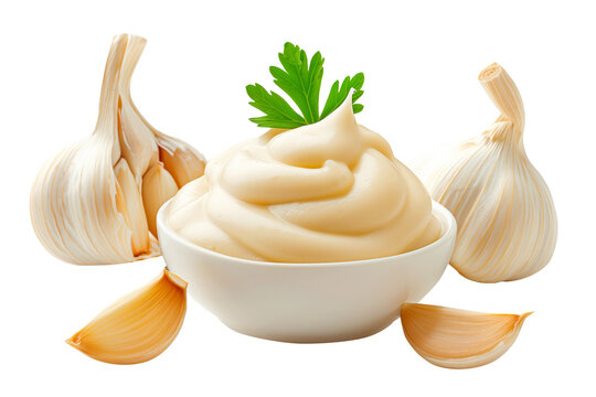 A smooth, creamy garlic mayonnaise garnished with fresh green herbs, making it perfect for dips or sauces, isolated on white transparent background.