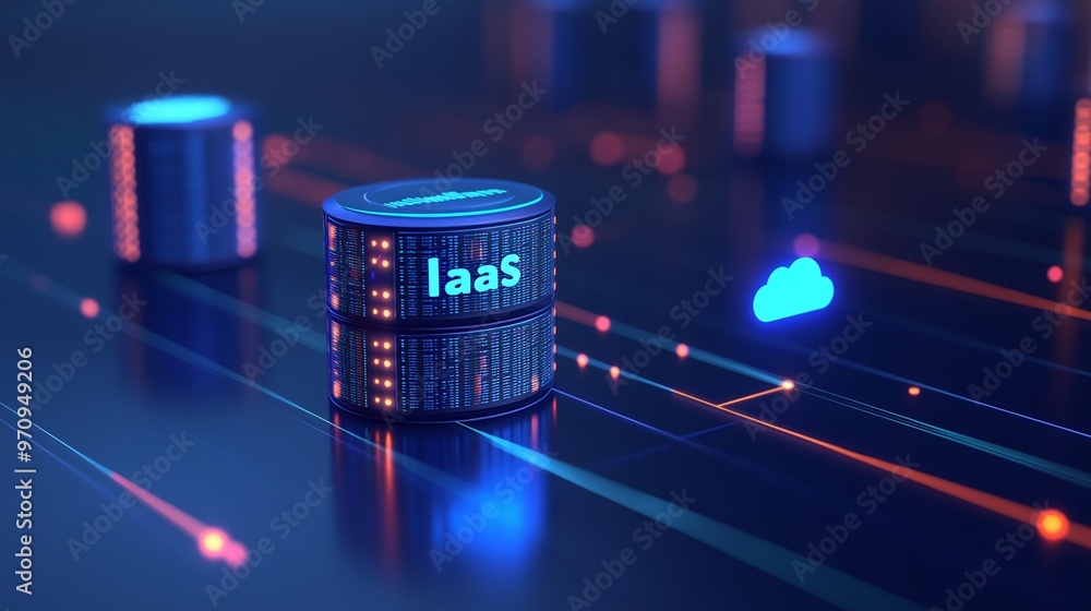 Poster futuristic data storage representation showcasing iaas, cloud technology, and digital networks in a 