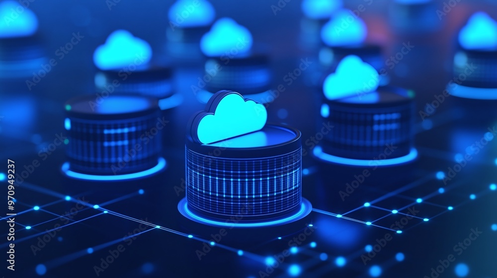 Poster futuristic digital cloud computing concept with glowing blue elements symbolizing data storage and n