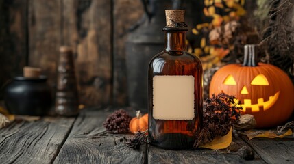 Old Rural Bottle with Blank Label and Halloween Decorations