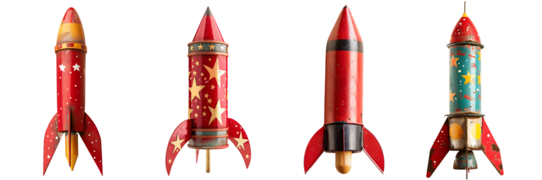 Four traditional red rocket fireworks decorated with gold stars for Diwali celebrations isolated on a white background png - Powered by Adobe