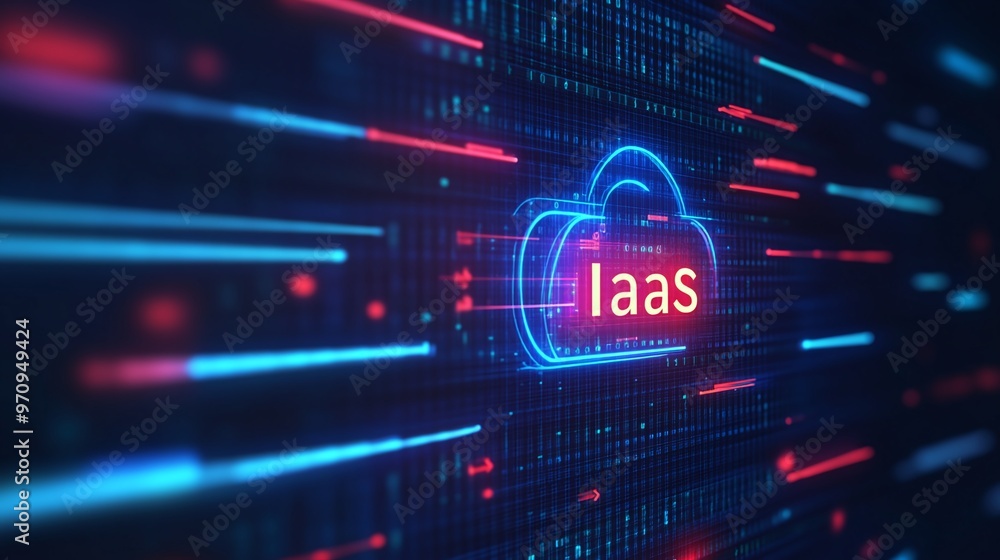 Poster futuristic illustration of cloud computing terminology highlighting iaas with digital data stream ef