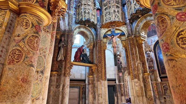 Interior view at the Charola of the Convent of Christ, magnificent Knights Templar architecture, round church altar, paintings and very peculiar ornaments, Tomar Portugal