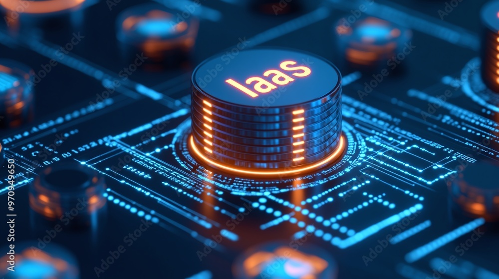 Poster futuristic technology featuring a glowing iaas button on a circuit board, representing cloud computi