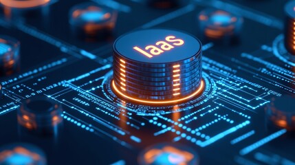 Futuristic technology featuring a glowing IaaS button on a circuit board, representing cloud computing and digital innovation.