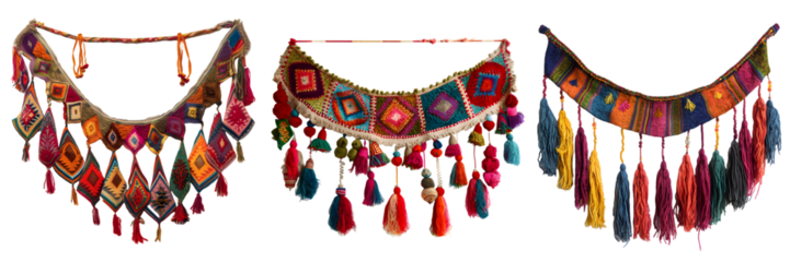 Vibrant handcrafted textile banners with colorful tassels and geometric patterns for festive decoration isolated on a white background, png
