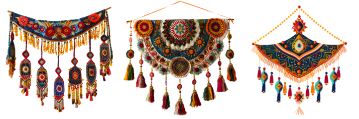 Vibrant handcrafted textile banners with colorful tassels and geometric patterns for festive decoration isolated on a white background, png