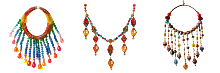 Colorful beaded necklace with multiple strands of vibrant beads and hanging teardrop-shaped glass ornaments, isolated on a white background, png