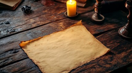 Rustic Halloween Decor with Candle and Old Yellow Paper on Wooden Table