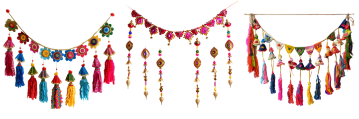 Colorful beaded necklace with multiple strands of vibrant beads and hanging teardrop-shaped glass ornaments, isolated on a white background, png