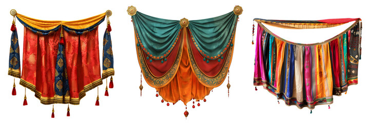 Elegant draped fabric banners with ornate patterns and tassels for Indian festive and ceremonial use isolated on a white background, png