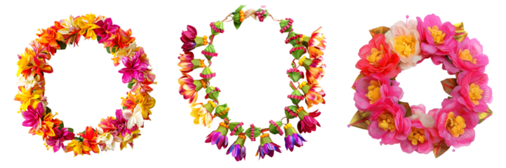 Floral garland-style necklace with bright pink, yellow, and purple artificial flowers in a circular pattern, isolated on a white background, png