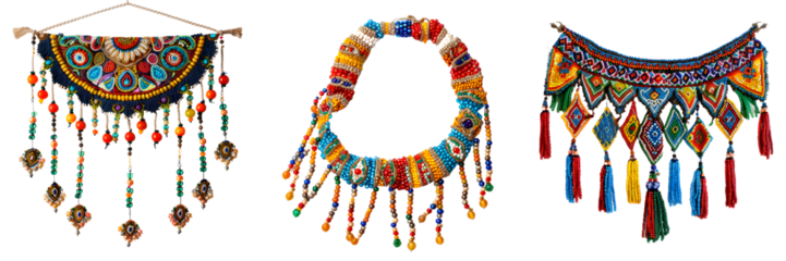 Intricate handcrafted ethnic necklace with colorful beads, geometric patterns, and dangling decorations, isolated on a white background, png