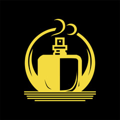 a black background with a yellow symbol and a picture of a perfume bottle on it.