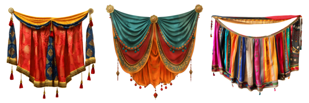 Elegant draped fabric banners with ornate patterns and tassels for Indian festive and ceremonial use isolated on a white background, png