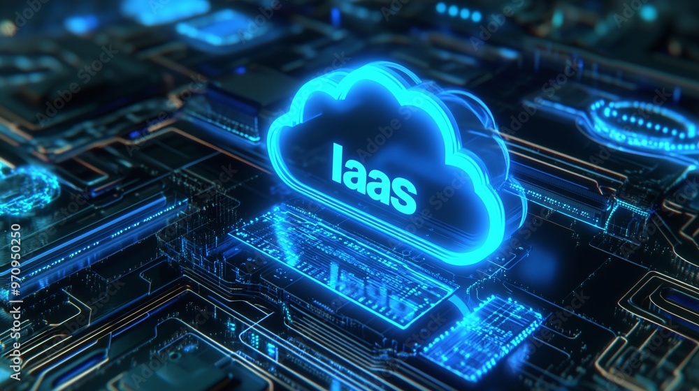 Aufkleber illustration of iaas technology featuring a glowing cloud symbol on a circuit board, representing mo