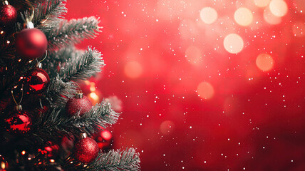 Superb Christmas background with xmas tree and sparkle bokeh lights on red canvas background