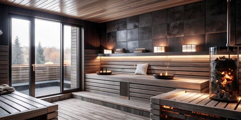 Fototapeta premium Tranquil modern sauna interior with wooden accents and warm lighting for relaxation and wellness