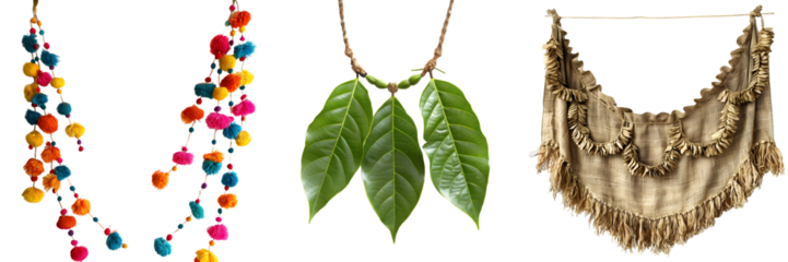 Natural leaf necklace with large green leaves arranged symmetrically, isolated on a white background, png