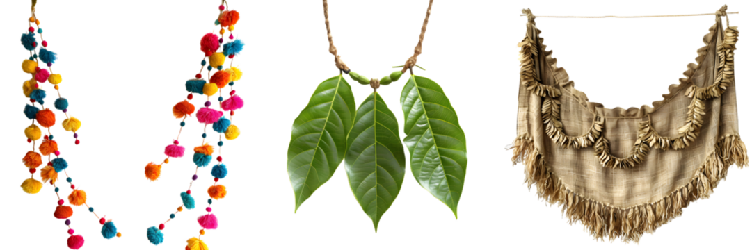 Natural leaf necklace with large green leaves arranged symmetrically, isolated on a white background, png