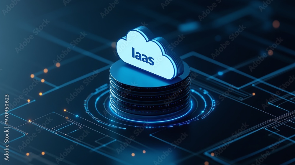 Poster modern cloud computing concept illustrating iaas with a digital backdrop and networking elements.