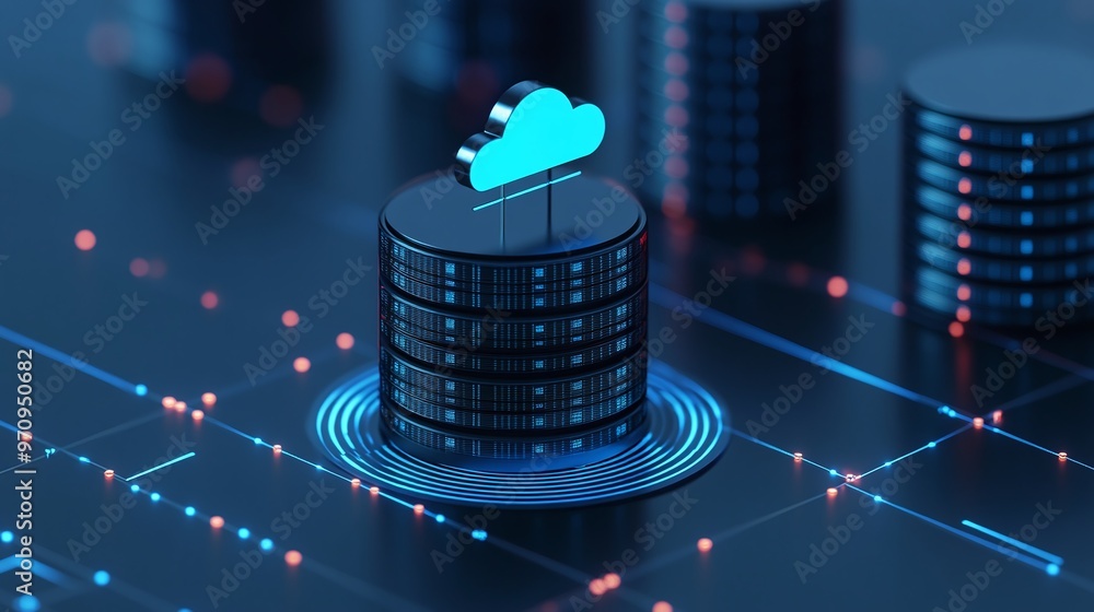 Poster modern cloud computing concept with data storage represented by cylinders and a digital cloud icon f