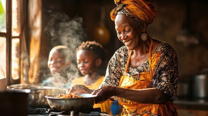 Joyful Elderly Woman Cooking Traditional Meal with Children in Rustic Kitchen