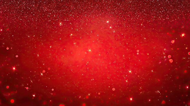 Red christmas glitter background with stars. Festive glowing blurred texture.