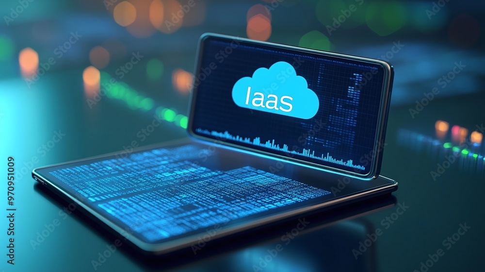 Poster smartphone displaying iaas cloud computing concept, showcasing data visualization and technology int