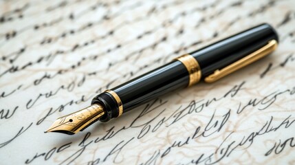 Fototapeta premium Fountain pen on top of handwritten letters written in cursive font. Vintage manuscript background