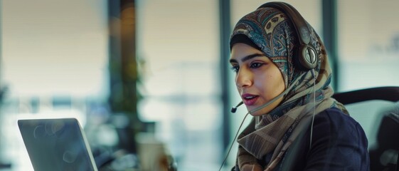 Obraz premium A dedicated customer service representative wearing a headset, communicates attentively in a modern office, symbolizing support, professionalism, and the technology-driven workplace.