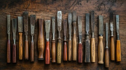 A Collection of Vintage Chisels on a Wooden Surface