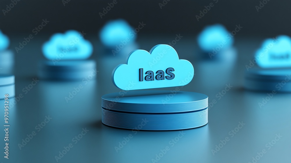 Poster visual representation of infrastructure as a service (iaas) with blue cloud icons on a dark backgrou