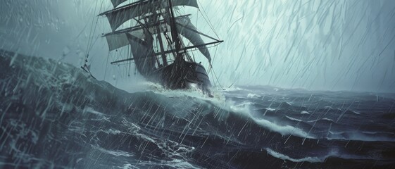 A majestic old ship battles stormy seas, its sails catching fierce winds and rain, embodying resilience amidst nature's fury. © Ai Studio